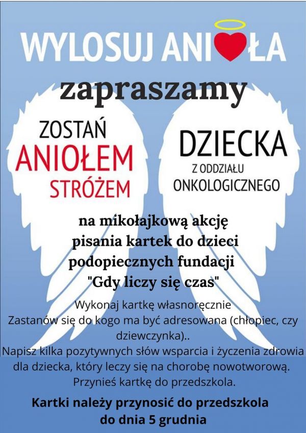 Mikołajkowa akcja - ,,Zostań Aniołem Stróżem dziecka z oddziału onkologicznego".